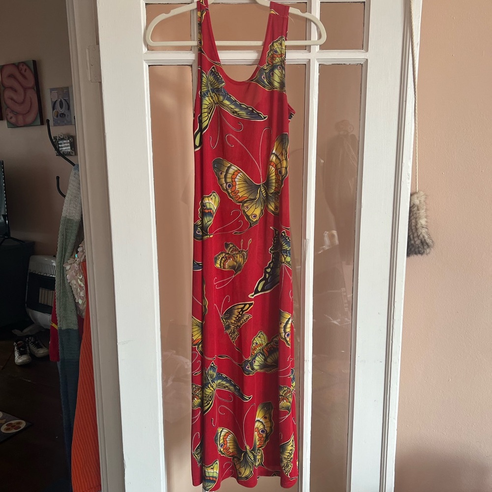 Vtg red maxi dress with butterfly